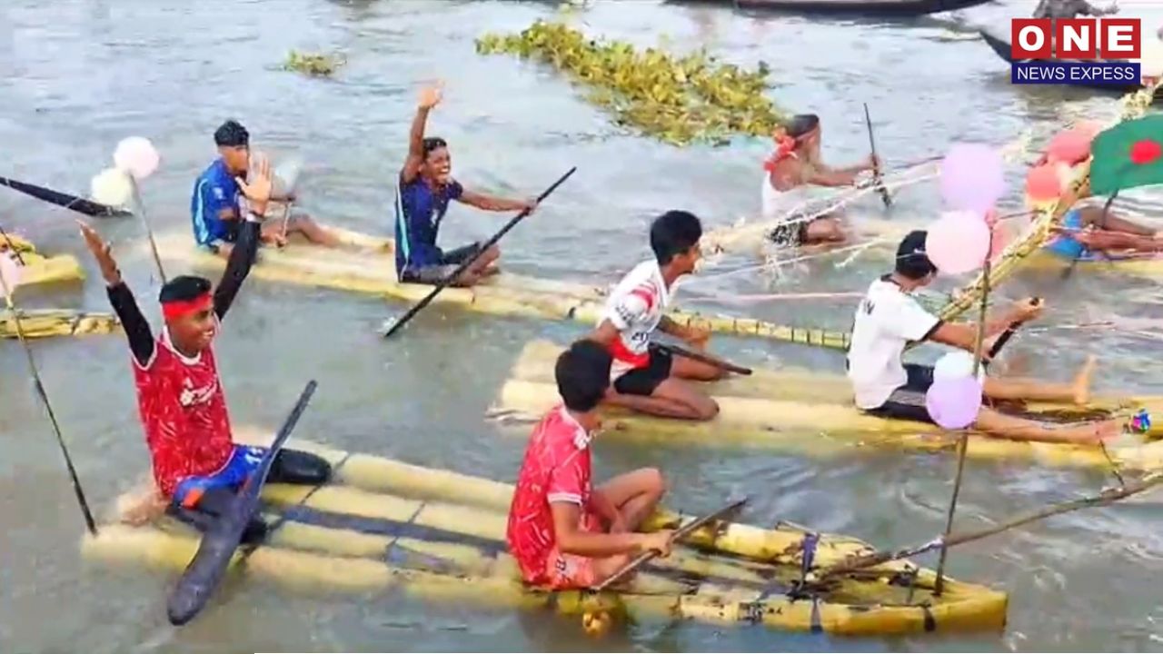 পিরোজপুরের নাজিরপুরের ঐতিহ্যবাহী বৈঠাকাটা বেলুয়া নদীতে অনুষ্ঠিত হলো ব্যতিক্রমী কলাগাছের ভেলা বাইচ 