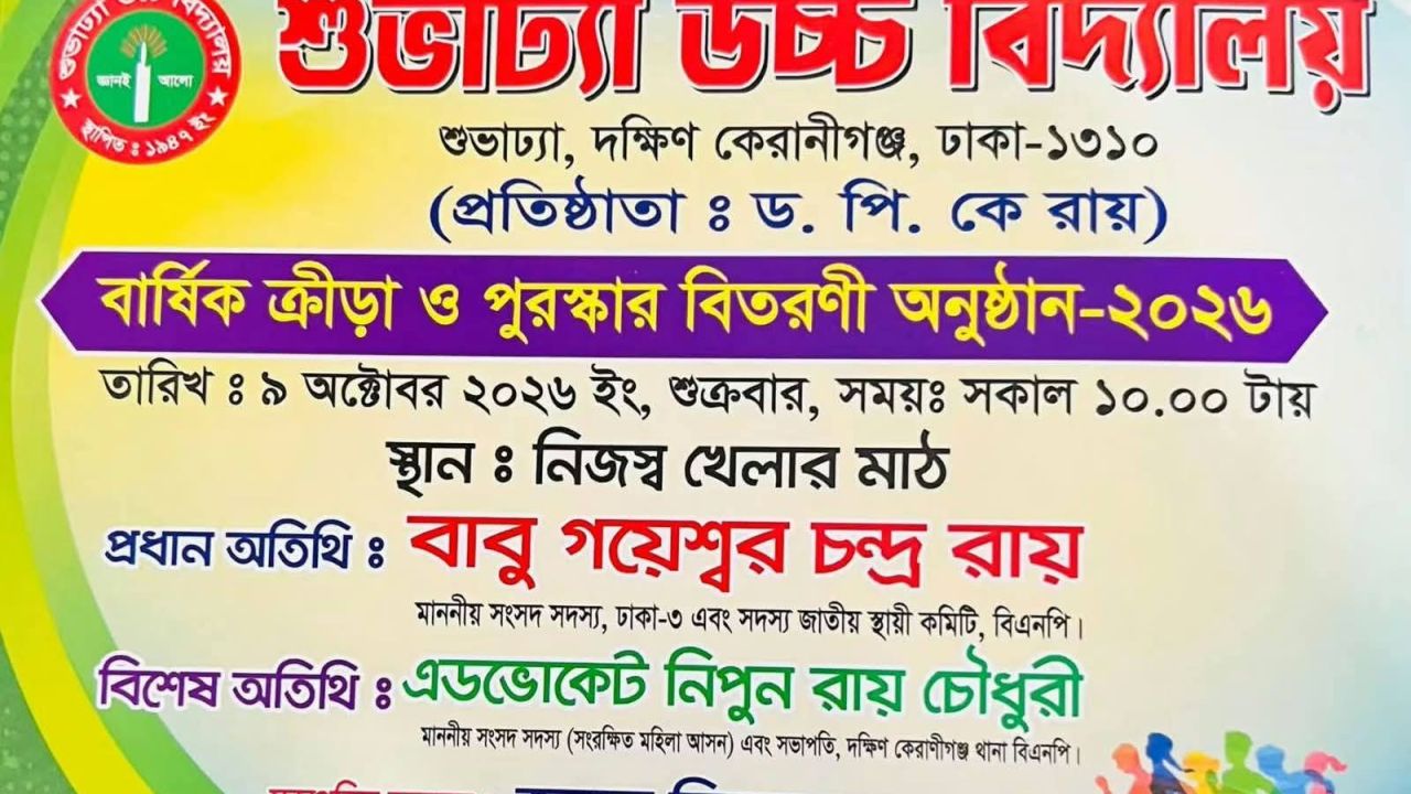 শুভাঢ্যা উচ্চ বিদ্যালয়ের বার্ষিক ক্রীড়া ও পুরস্কার বিতরণী অনুষ্ঠান ৯ অক্টোবর 