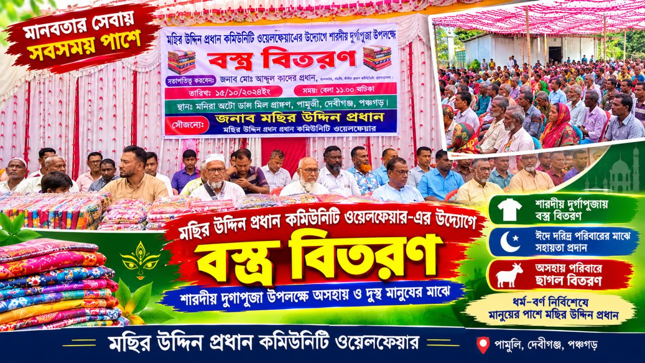 মছির উদ্দিন প্রধান কমিউনিটি ওয়েলফেয়ারের উদ্যোগে দুর্গাপূজা উপলক্ষে দেবীগঞ্জে বস্ত্র বিতরণ 